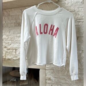 White and Pink Terry Cloth “Aloha” cropped Sweater